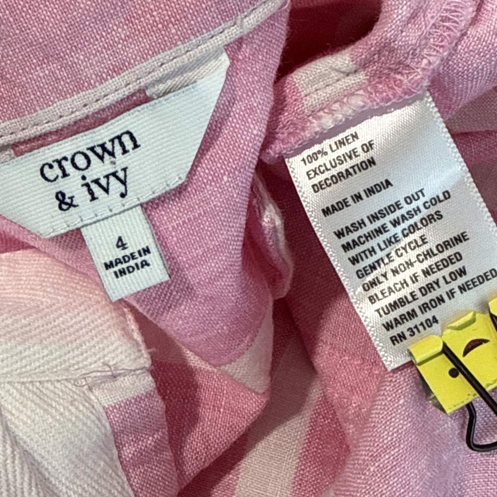 Crown & Ivy 100% Linen Dress Size 4 Pink White Stripe Sleeveless Preppy Coquette - Picture 3 of 7